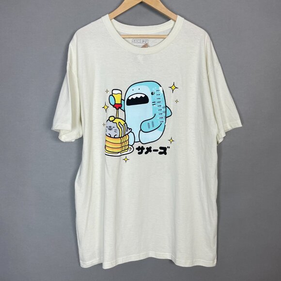 Samezu T-Shirt Shark Pancakes Seal Size Large Short Sleeve Graphic Tee NWT FLAWS - Picture 1 of 10